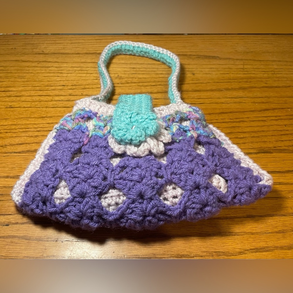 Hand Crafted Purse Bag Satchel Pocketbook Made Knit Crochet Purple Aqua Blue